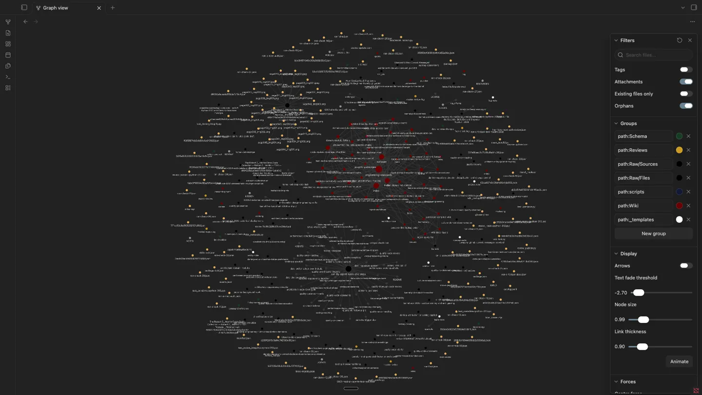 Obsidian graph view of the pensieve: wiki notes, raw sources and review logs as connected nodes